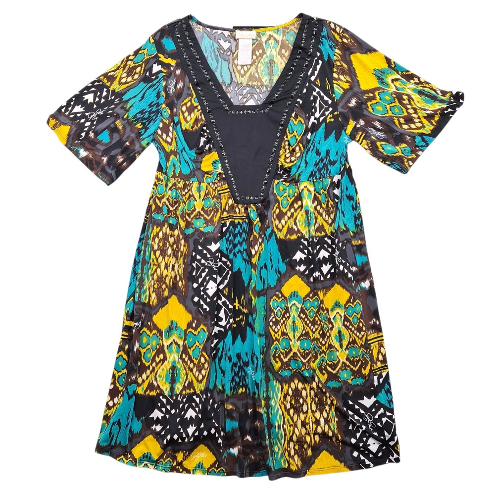 Baby Phat Women 1X Tunic Mini Dress Ikat Tribal Print Studded V-Neck Plus Size